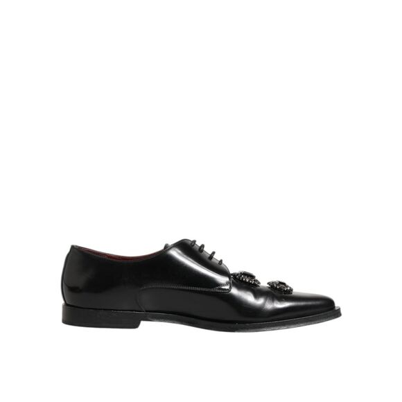 Dolce & Gabbana Black Leather Jeweled Crystals Derby Men's Shoes